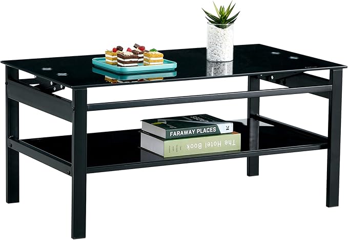 IANIYA Lift Top Coffee Table, Black Tempered Glass Coffee Tables with Storage Space and Open Shelves, Small Rectangle Lift Tabletop Living Room Center Table for Home Office