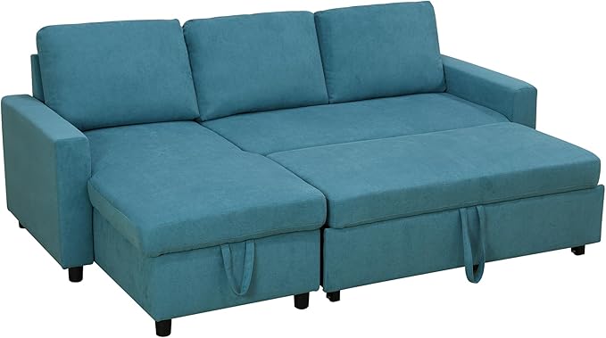 83" L-Shape Pull Out Sleeper Sofa Bed with Storage Chaise, 2 Pieces Sectional Couch Bed with Back Cushion for Living Room,Apartment,Office - Green