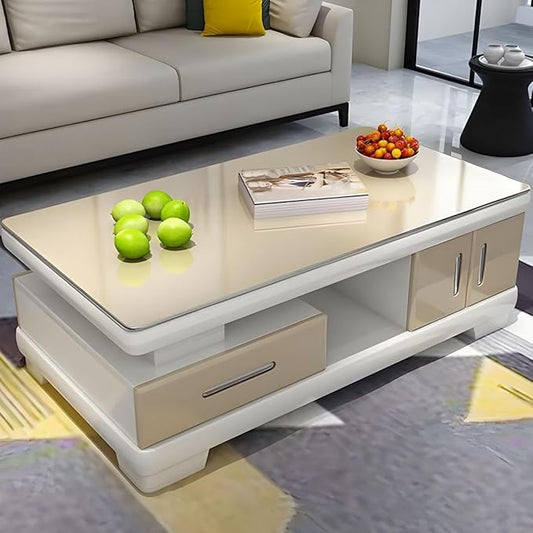 RUNNUP Modern Rectangular Glass Coffee Table with White Wood Base and Storage 2-Tier Coffee Table Accent Center Sofa Table for Living Room, Beige 47" L x 24" W x 16.5" H