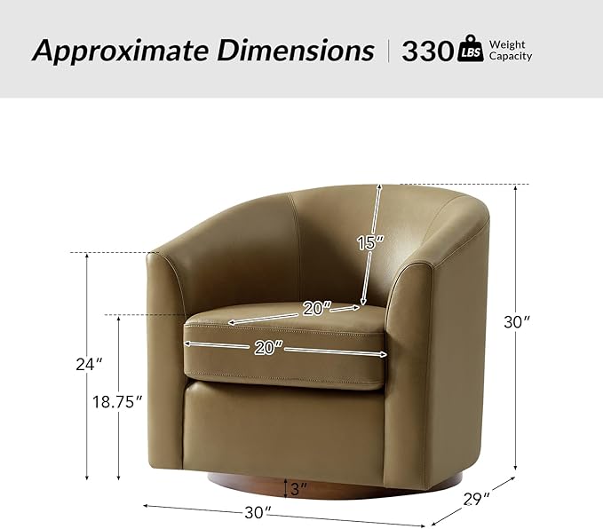 HULALA HOME Genuine Leather Swivel Accent Chair with Solid Wood Base, Round Swivel Barrel Chair for Living Room and Bedroom, Taupe