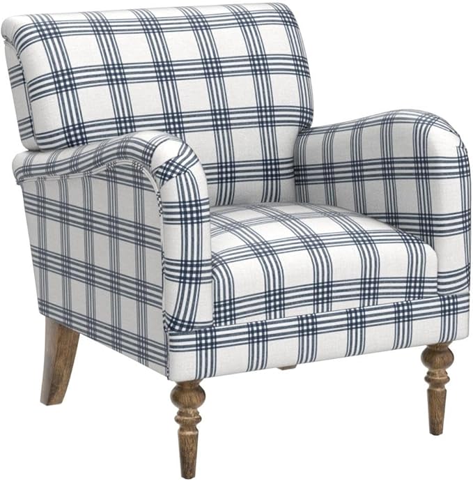 HULALA HOME Modern Accent Chair with Arms and Wooden Legs, Comfy Upholstered Armchair for Living Room, Bedroom (Plaid Pattern, Navy)