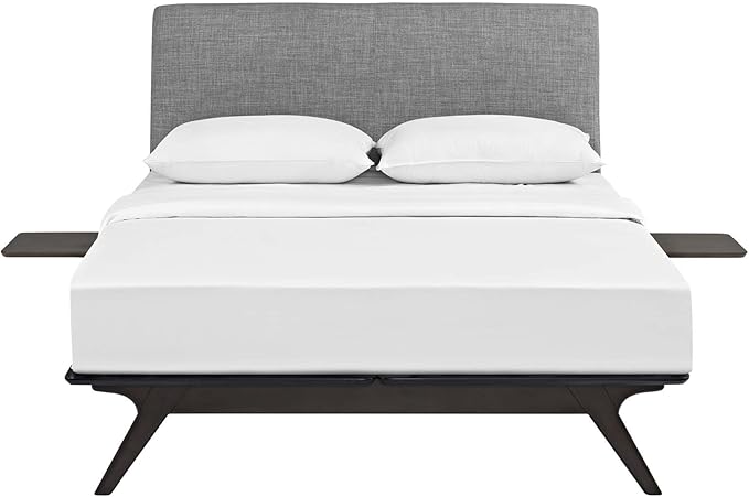 Modway Tracy Mid-Century Modern Wood Platform Queen Bed with Two Nightstands in Cappuccino Gray