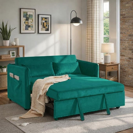 3 in 1 Sofa Bed, Convertible Pull Out Couch with Side Pockets, Velvet Fabric Loveseat Sleeper Sofa Bed, Pull Out Couch with Adjustable Backrest for Living Room, Bedroom, Apartment, Green