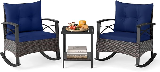 Tangkula 3 Piece Rattan Rocking Chair Set, Patio Rocker Bistro Set w/Acacia Wood Tabletop & Armrests, 2 Outdoor Cushioned Armchairs w/Double-Tier Side Table for Porch, Balcony, Backyard by TANGKULA