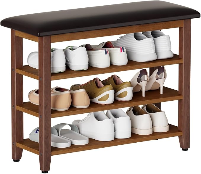 Shoe Bench with Leather Cushion,Wood Bench with Shoe Rack,3-Tier Shoe Storage Organizer for Entryway,Hallway,Living Room (Brown, 3-Tier-31.5") by Unknown