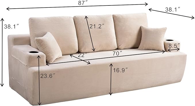 87'' Cloud Loveseat Sofa Couch in a Box with Cup Holders and Side Pockets, 3 Seater High-Density Foam Boneless Love Seat with Deep Seating for Living Room | Breathable material, Anti-slip