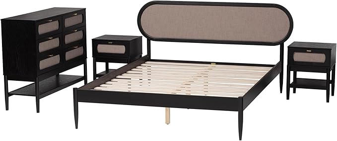 Baxton Studio Shirin Beige Fabric and Black Wood Queen 4-Piece Bedroom Set