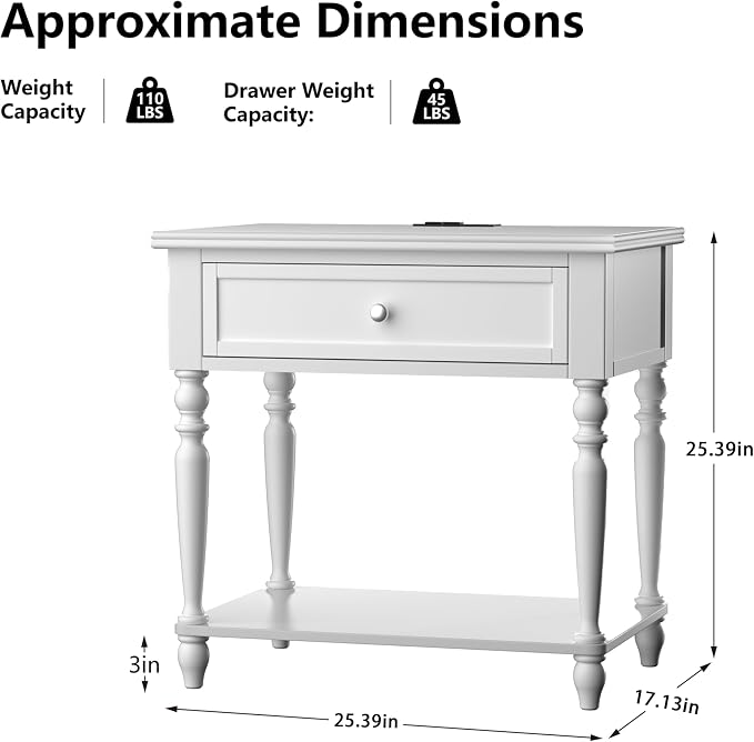 Solid Wood Nightstand with Charging Station, Traditional End Table with Drawers and Open Shelf, Bedside Table with Storage, Modern Side Table for Bedroom Set of 2, White - Image 2