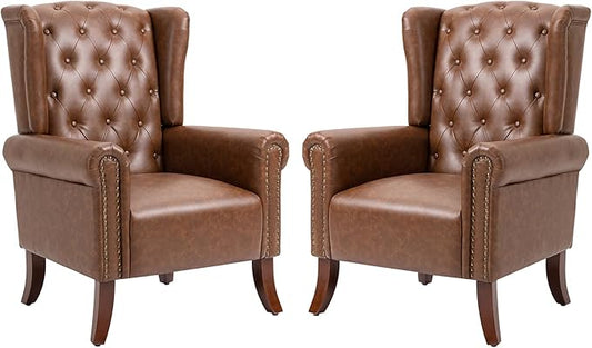 PU Leather Accent Chair Set of 2, Modern Upholstered Living Room Chair Sofa Chair with Wooden Legs, Wingback Armchair Club Chair for Bedroom,Study Room, Lounge (Brown)