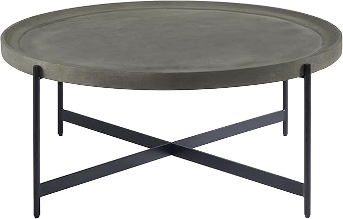 Alaterre Furniture Brookline 42-Inch Round Concrete-Coated Wood Coffee Table with Tray Top and Black Iron Legs – Industrial Farmhouse Living Room Accent Table with X-Frame Base