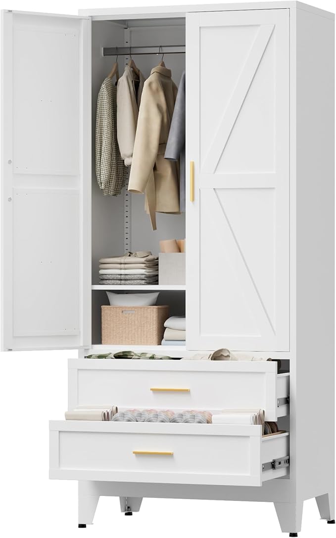 LCAOPC 71" Tall Metal Wardrobe Cabinet with 2 Drawers and Hanging Rod, 2 Doors Armoire Wardrobe Closet with Shelf for Bedroom, Office, Laundry Room, White