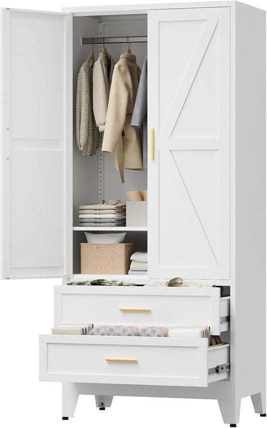 LCAOPC 71" Tall Metal Wardrobe Cabinet with 2 Drawers and Hanging Rod, 2 Doors Armoire Wardrobe Closet with Shelf for Bedroom, Office, Laundry Room, White