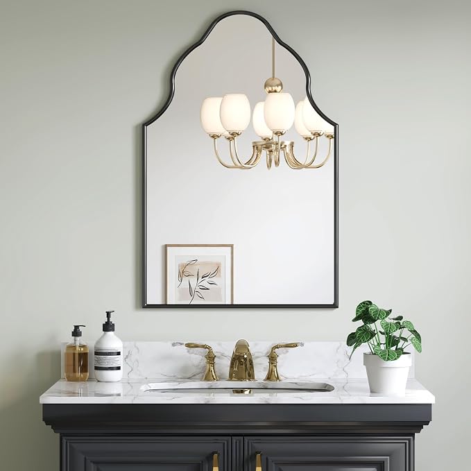Arched Scalloped Mirror, 24" x 36"Black Arched Bathroom Mirror with Rubberwood Frame, Arch Wall Mirrors for Fireplace, Bedroom, Living Room, Entryway - Image 5