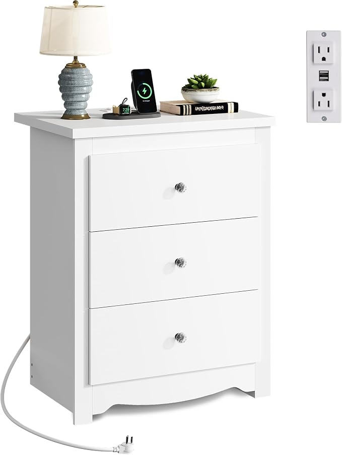 WLIVE White Nightstand with Charging Station, Wood Night Stand with 3 Drawers Storage, Tall Bedside Table End Side Tables with 2 USB Ports and Outlets for Bedroom, Closet, White by WLIVE