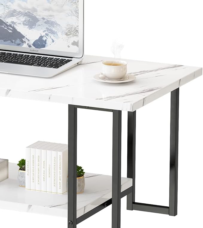 Lamerge Coffee Table, Modern Faux Marble Top Coffee Table with Metal Frame and Storage Shelf, 2-Tier Rectangle Accent Cocktail Table for Living Room, Office (White)