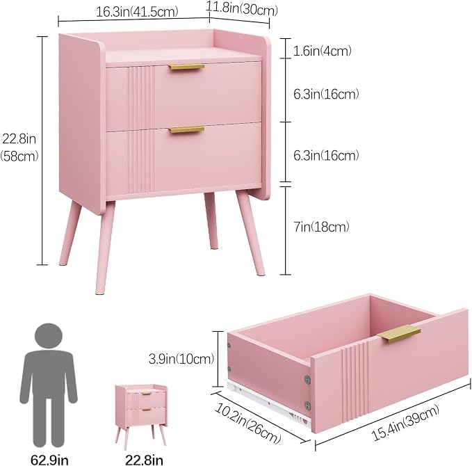 Aenuert Nightstand Modern Bedside Table with 2 Storage Drawer, Small Night Stand, Wooden Sofa Side Table for Bedroom,Study Room and Small Spaces (Pink) - Image 2
