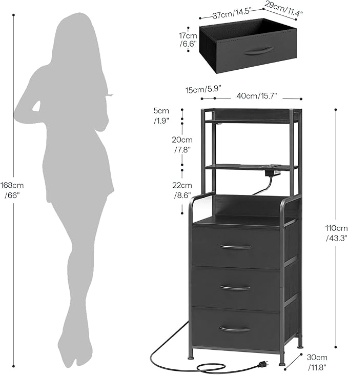 HOOBRO Tall Nightstand with Charging Station, LED Bedside Table with 3 Fabric Drawers and Open Shelves, USB-A, Type-C, 2 AC Outlets, Modern End Table for Bedroom, Black BB206UDBZ01 - Image 3