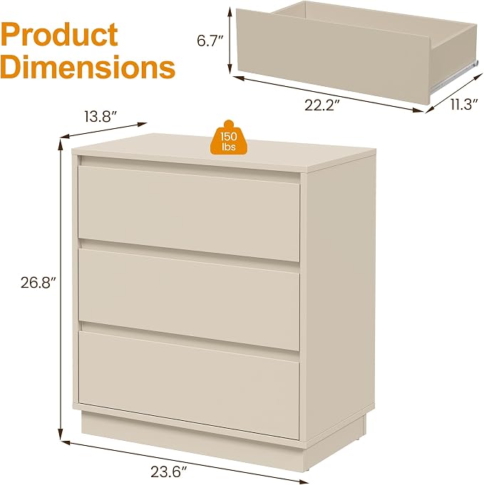 RoyalCraft Nightstand Set of 3, 23.6" Night Stand with 3 Drawers Storage, Large Bedside Table, End Table for Bedroom, Closet, Beige - Image 2