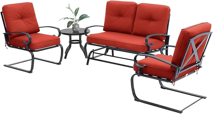Oakcloud 4-Piece Outdoor Metal Furniture Sets Patio Conversation Set Wrought Iron Glider, 2 Spring Lounge Chairs and Round Side Table, Red