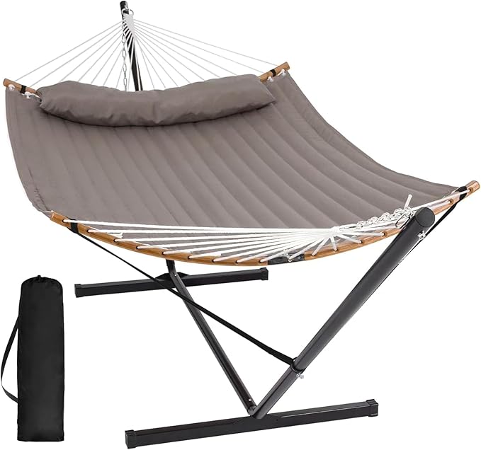 SUNCREAT Hammocks Portable Hammock with Frame, Backyard Double Hammock with Curved Spreader Bar, Brown by SUNCREAT