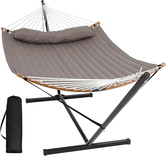 SUNCREAT Hammocks Portable Hammock with Frame, Backyard Double Hammock with Curved Spreader Bar, Brown by SUNCREAT