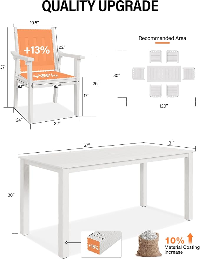 YEFU Outdoor Dining Table for 6: All Weather Rectangular Patio Table with Umbrella Hole and Aluminum Frame - Outdoor Furniture for Outside Backyard/Garden/Pool/Porch/Deck, 300lbs Capacity, White - Image 6