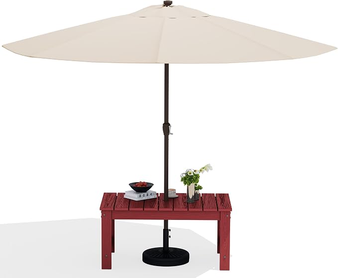 SERWALL Outdoor Coffee Table with 9FT Umbrella, HDPE Patio Coffee Table for Outside, Rectangle, Red(Not Include Umbrella Base) by SERWALL