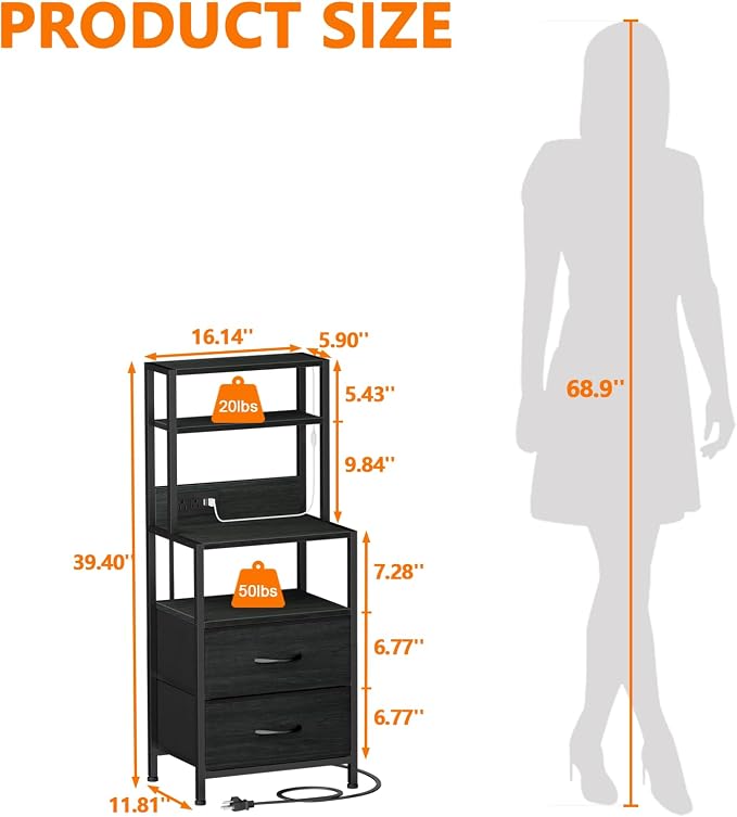 Furnulem Night Stand, Tall Nightstand with 4-Tier Shelves, 2 Fabric Drawers and Led Lights, Bed Side Tables with Charging Station, Bedside Table for Bedroom, Office, Black Oak | 4-Tier Shelves, 2 Fabric Drawers, Light Tube, Bed Side Tables, Charging St... - Image 2