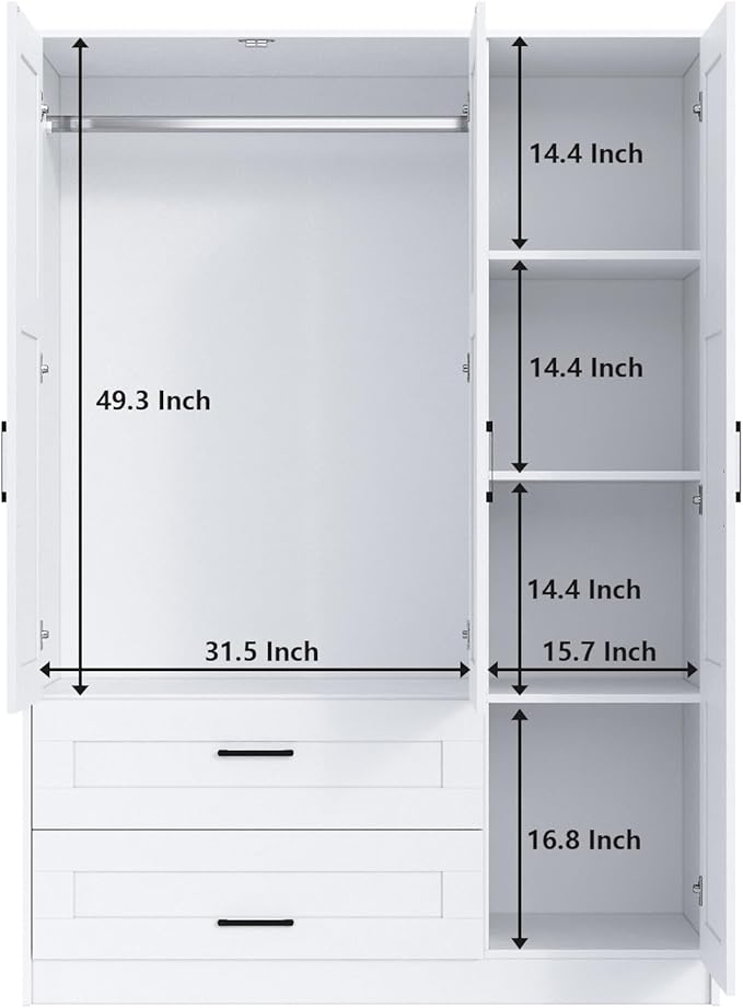 Fenghua Lizhi 3 Doors Wooden Wardrobe Closet Armoire, White Storage Cabinet for Hanging Clothes, Bedroom Large Capacity Freestanding Armoire,Wood Wardrobe Combination with Shelves (2drawer, White)