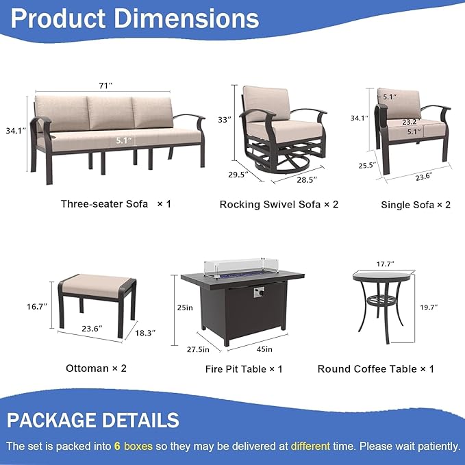 Aluminum Patio Furniture Set with Fire Pit Table, 9 Seats Outdoor Patio Conversation Sets with Swivel Chair Modern Metal Sectional Sofa with Upgrade Cushions for Patio, Backyard - Sand