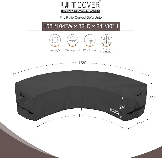 ULTCOVER Patio Curved Sofa Cover Waterproof for 4-6 Seater Outdoor Sectional Furniture Couch 158"(Back Arc Length) / 104"(Front Arc Length) x 32"(Deep), Black - Image 2