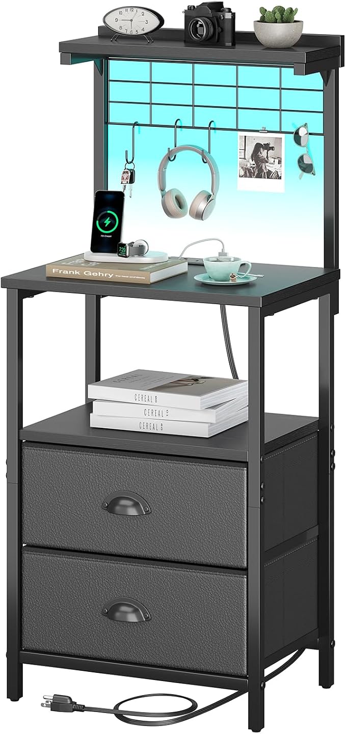 sthmec Bedside Tall Nightstands with Charging Station, LED Bedside Table for Bedroom - 3 PU Fabric Drawers, Hooks, USB/Type-C Ports & Open Bedside Shelves, Black by Unknown