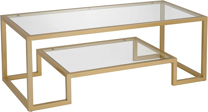 Henn&Hart 45" Rectangular Coffee Table with Glass Top and Raised Lower Shelf for Living Room, Family Room, or Office, Gold