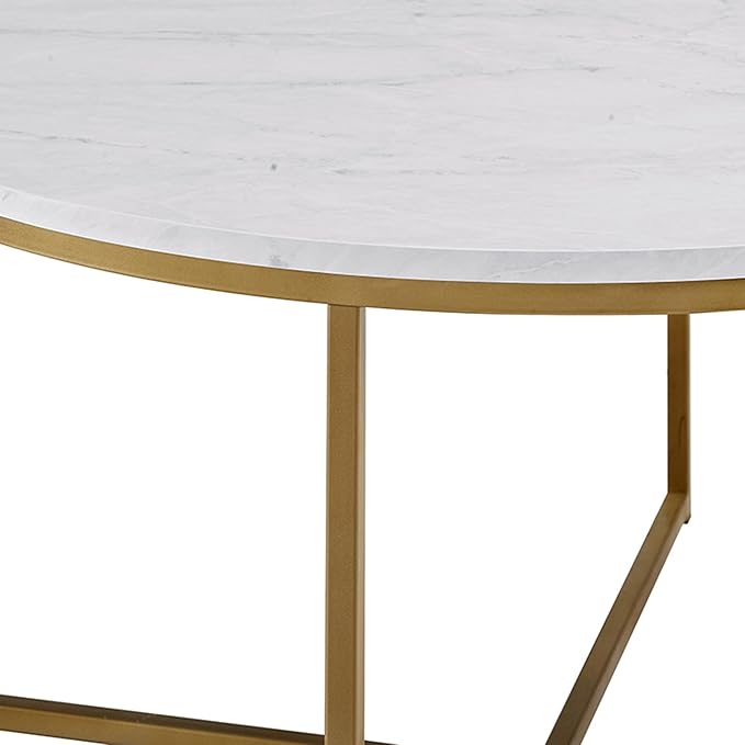 Walker Edison Modern Glam Round Accent Faux White Marble Coffee Table with Gold X-Base, 35.5 Inch