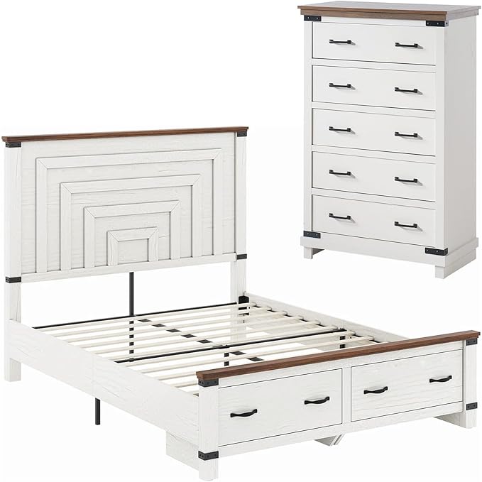 AMERLIFE 2 Pieces Farmhouse Bedroom Set, Includes Wood Rustic Full Size Bed Frame with 54" Tall Headboard, 48" Tall 5 Drawers Dresser Chest, Heavy Duty Thick Plank Styling, Antique White