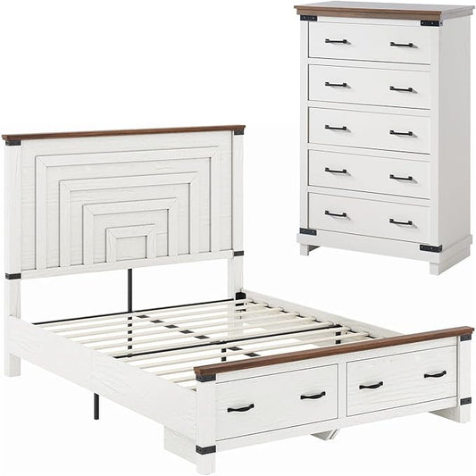 AMERLIFE 2 Pieces Farmhouse Bedroom Set, Includes Wood Rustic Full Size Bed Frame with 54" Tall Headboard, 48" Tall 5 Drawers Dresser Chest, Heavy Duty Thick Plank Styling, Antique White