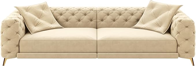 Ball & Cast 3-in-1 Convertible Sleeper Sofa with Movable Ottoman,97.7" Velvet Pull Out Sofa Bed, Modern Button Tufted 4-Seater Sofa Couch with Deep Seat for Living Room, Apartment,Office,Apricot