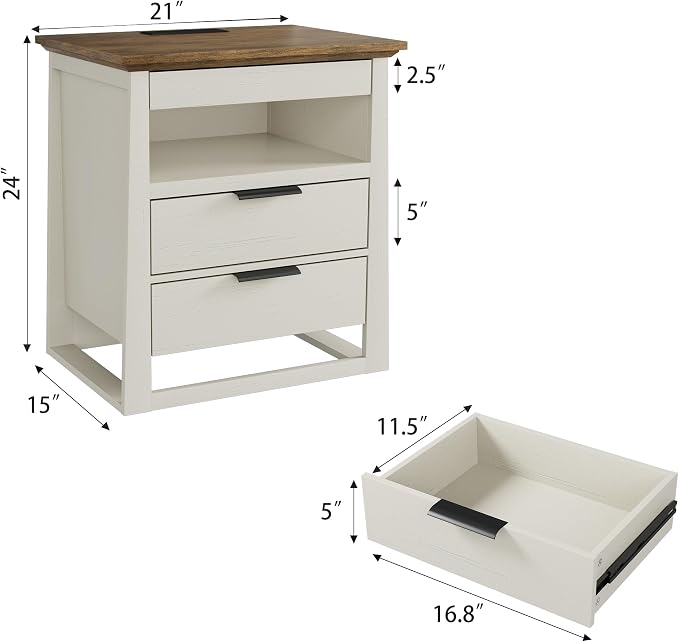 Rresyet 3 Drawer Nightstand with Charging Station & LED Lights & Open Shelf, Modern Night Stand with Storage, Wooden Bedside Table for Bedroom Room, Office (White) - Image 2