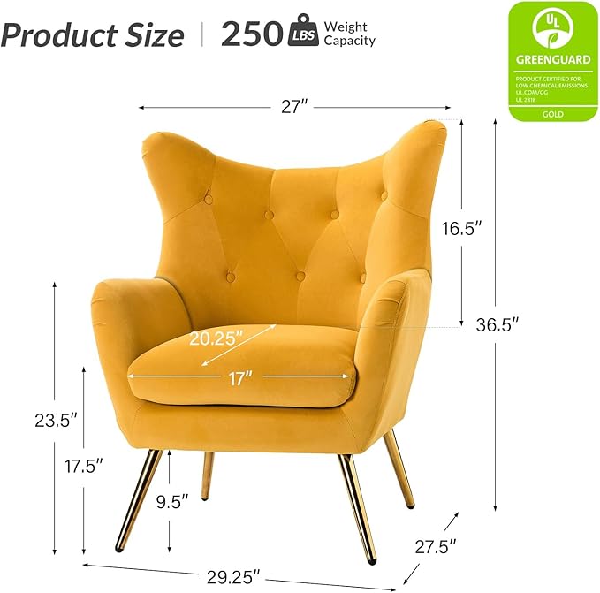 HULALA HOME Velvet Accent Chair Set of 2, Modern Wingback Arm Chair with Metal Gold Legs, Velvet Tufted Upholstered(Mustard)