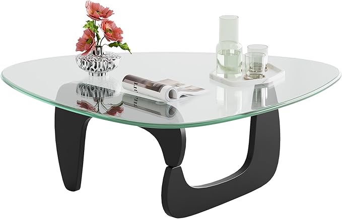 WLIVE Coffee Table, Small Glass Coffee Table with Solid Wood Legs, 36" Mid Century Triangle Living Room Tables, Modern Center Table for Living Room, Reception, Office, Black
