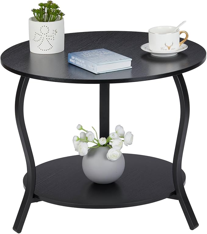 Small Round Coffee Table with Open Storage,23" 2-Tier Coffee Side Tables for Small Space, Accent Center Table Circle Sofa End Table with Wooden Table Top for Living Room Bedroom Apartment,Black