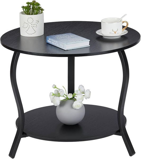 Small Round Coffee Table with Open Storage,23" 2-Tier Coffee Side Tables for Small Space, Accent Center Table Circle Sofa End Table with Wooden Table Top for Living Room Bedroom Apartment,Black