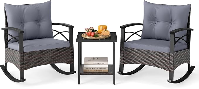 Tangkula 3 Pieces Outdoor Rocking Chairs Set, Rattan Heavy Duty Cushioned Rocker Chairs with 2-Tier Tempered Glass Coffee Table, for Garden, Balcony, Backyard (Gray) by TANGKULA