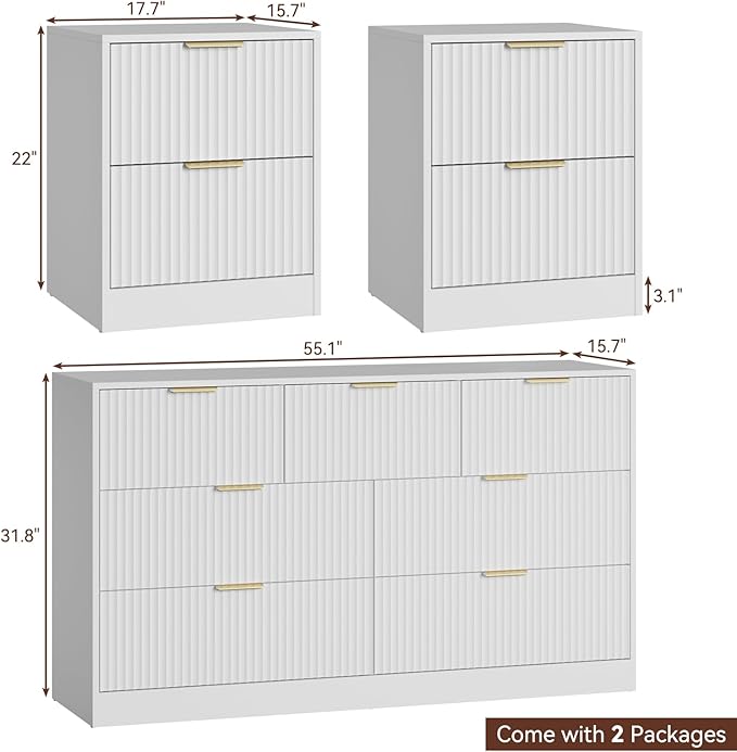 7 Drawer Dresser & Nightstand Set 3-Piece, 55” Wide Bedroom Dresser Set Night Stand Set of 2 with Metal Handle, Fluted Modern Wood Chest of Drawers Storage Dressers Set for Bedroom, White