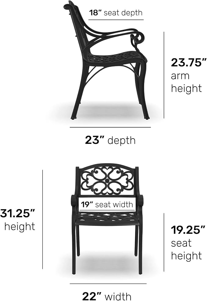 Homestyles Sanibel Black Stationary Cast Aluminum Outdoor Dining Chair, 2 Piece Patio Chairs, Set of 2 Garden Chairs with Armrest & Backrest for Garden Patio Pool Beach Yard, Black - Image 3