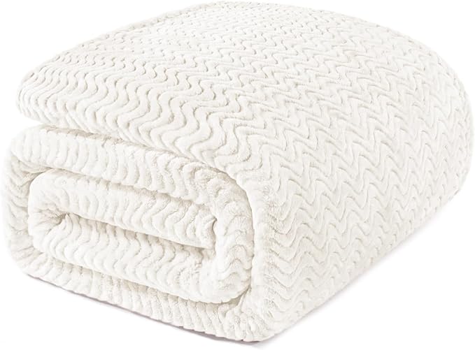 Exclusivo Mezcla Queen Blanket for Bed, Cozy Lightweight Fleece Blankets for All Season, Decorative Giftable Fuzzy Plush Wave Textured Suitable for Women, Men, Ivory, 90x90 Inches
