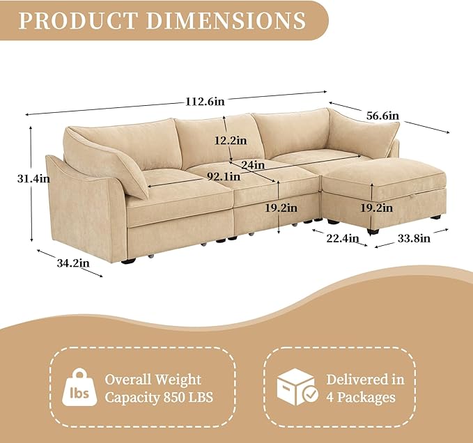 Rovibek 112” L Shaped Couch with Storage, Chenille Sofas for Living Room, Sectional Couch with Pull Out Drawer & Throw Pillows & Storage Ottoman, Wheat