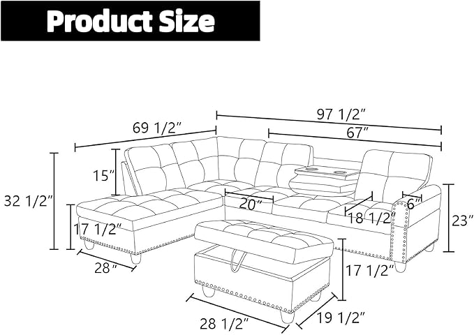 Sectional Couches for Living Room Furniture, 4 Seat L Shaped Couches with Ottoman, Modular Sectional Sofa for Apartment Furniture Sets, Grey