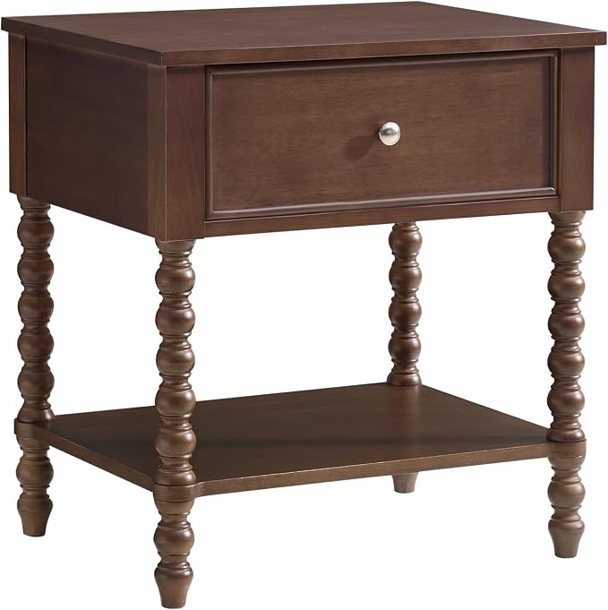 AMERLIFE 24" Walnut Nightstand, Vintage Bedside Table for Bedroom, Solid Wood Night Stand with Turned Legs, End Table with Drawer & Open Shelf, Large/Tall Nightstand, Walnut Finish - Image 9