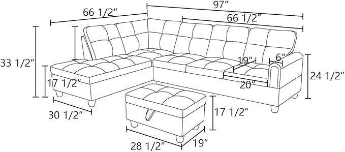 L-Shape Sofa with Storage Ottoman, 3-Piece Faux Leather Sectional Sofa Set, Modern Living Room Couch with Chaise Lounge, Tufted Upholstered Sofa Set for Apartment Living Room, Black